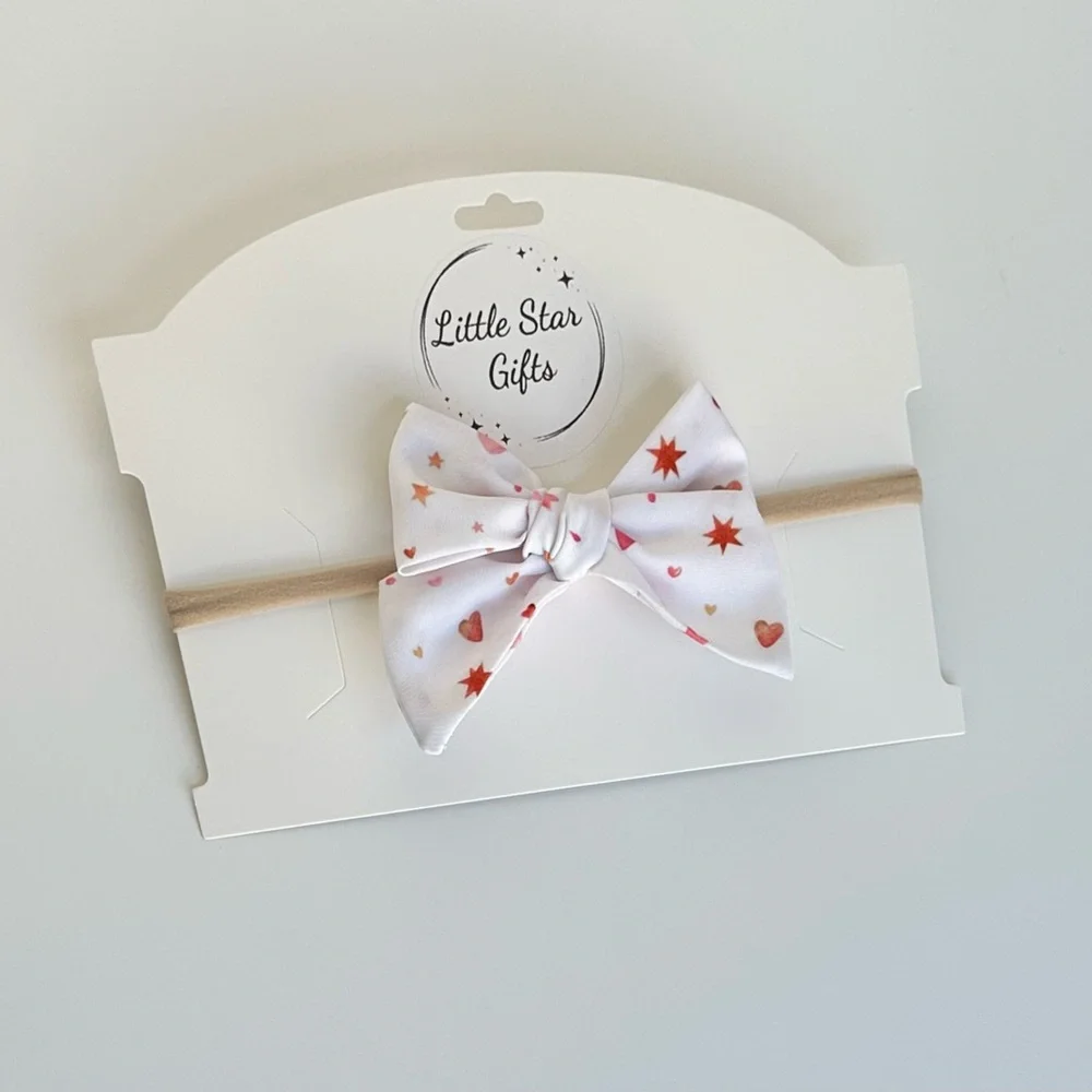 Pink hearts and stars fabric Hairbow, 3.5”, NEW